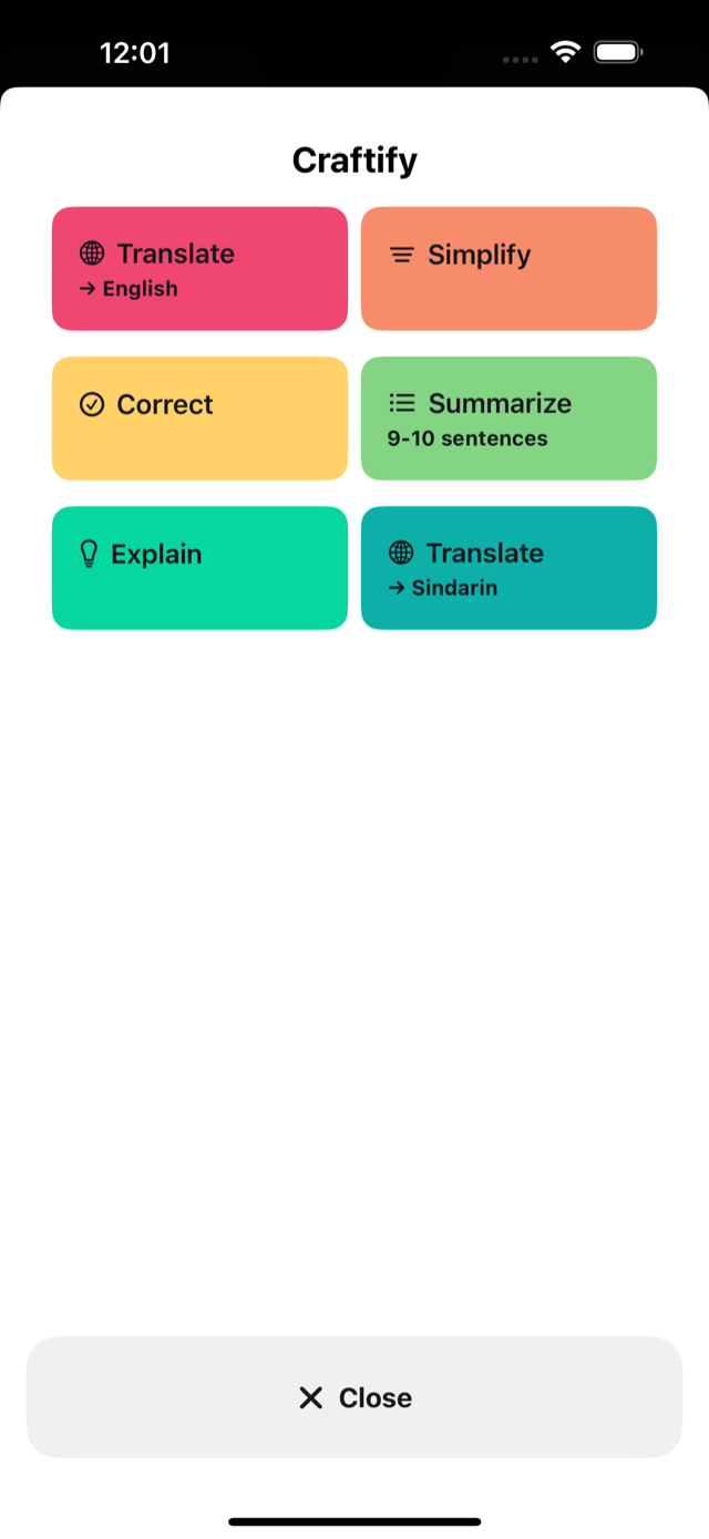 Craftify actions in the iOS Share sheet: Translate, Simplify, Correct, Summarize, Explain
